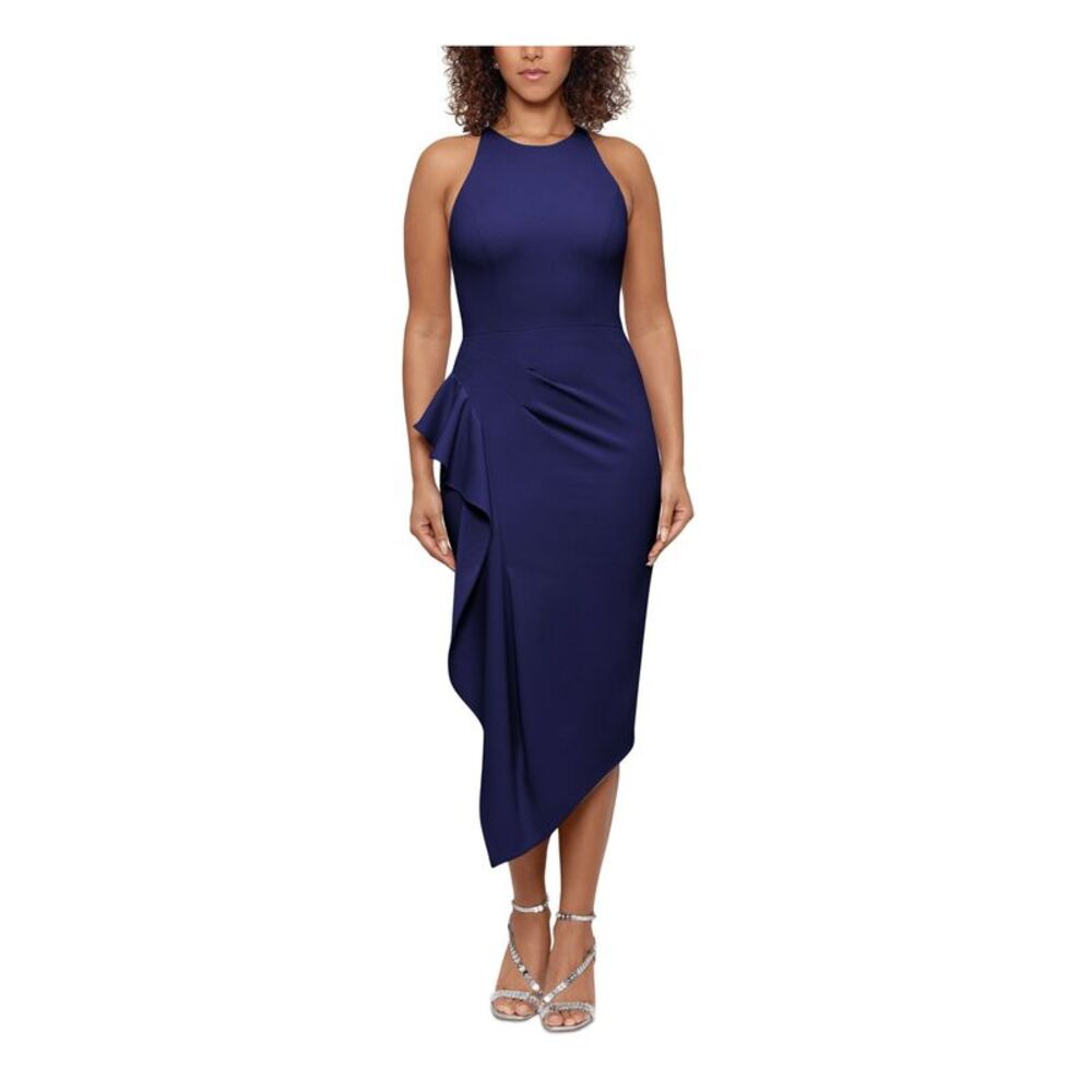 BETSY & ADAM Womens Navy Fitted Asymmetrical Hem Lined Dress Petites 8P